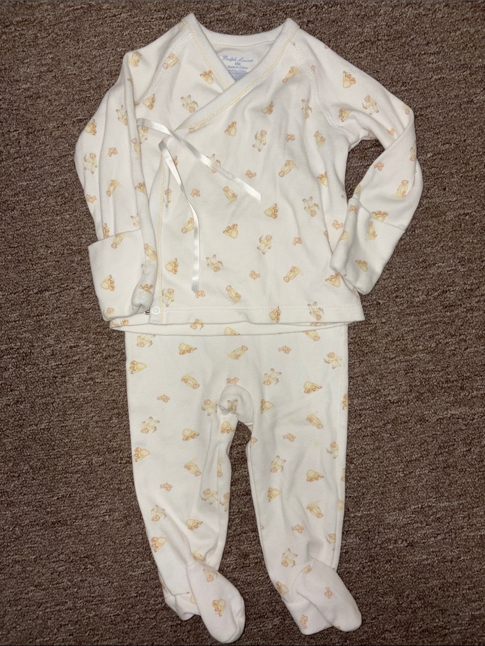 Ralph Lauren Baby Cream Footed 2-piece Set with Yellow Bear Print